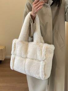 Large Capacity Plush Handbag For Women, 2025 New Autumn/Winter Versatile Furry Tote Bag, Shoulder Bag For Commuting - White - View 10