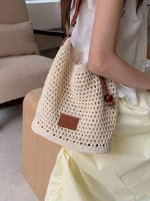 海滩度假编织托特包，2025新款镂空单肩包，大容量通勤购物手提包 - 米色 - 查看 1