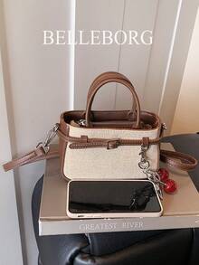 Casual Contrast Color Texture Versatile Commute Retro Leather Buckle Small Handbag With Pendant For Women - Coffee - View 10