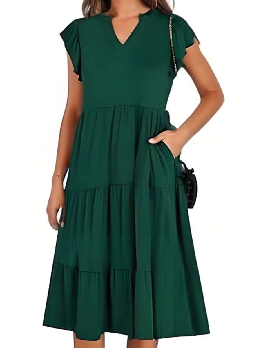 Women's V Neck Midi Dress Ruffled Sleeve Solid Color Tiered A Line Casual Dress - Army Green - View 1