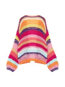 ii Plus Size Women Colorful Striped Drop Shoulder Long Sleeve Loose Knit Cardigan
