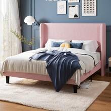 Allewie Full/Queen/King Size Bed Frame With Upholstered Wingback Headboard, Vertical Channel Tufted Corduroy Velvet Platform Bed, Strong Wooden Slats Support, No Box Spring Needed, Easy Assembly, Pink - Pink - View 1