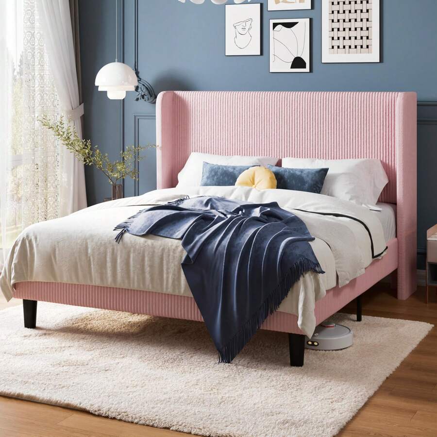 Allewie Full/Queen/King Size Bed Frame With Upholstered Wingback Headboard, Vertical Channel Tufted Corduroy Velvet Platform Bed, Strong Wooden Slats Support, No Box Spring Needed, Easy Assembly, Pink - Pink - View 1