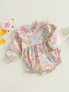 Baby Girl Romper Long Sleeve Ruffle Collar Floral Print Bodysuit Infant Fall Outfit - Multicolor - View 2