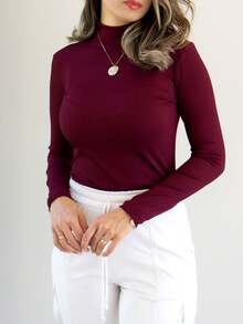 Women's Long Sleeve Blouse With Simple High Neck - Redwood - View 2