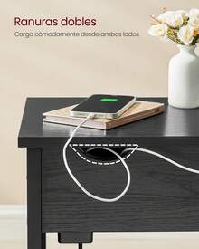VASAGLE Mesa Auxiliar con Multienchufe, Mesa Lateral Estrecha con Puertos USB, Sacos, Mesita de Noche, para SalÓn, Dormitorio, Color Negro con Grano de Madera - Negro - Ver 2