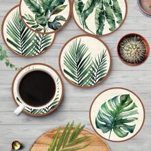 A Set Of 5 Wooden Coasters With Tropical Plant Green Leaf Pattern, Choose 1 Set Or 37 Sets, Creative Art Home Decoration, Suitable For Home, Kitchen, Desk Daily Water Coasters, Perfect Gift, Housewarming Gift, Birthday Gift, Gift For Family, Friends - Green - View 2