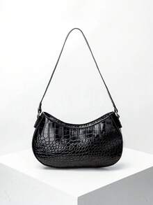 1pc Women's Crocodile Grain Minimalist Underarm One Shoulder Baguette Bag, Rivet Fashion Shoulder Bag, Coin Purse, Suitable For Daily Use, Ideal Gift Choice - Black - View 4