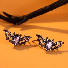 Cute Female Purple Rhinestone Bat Animal Stud Earrings For Women Fashion Witch Jewelry Halloween Gift - 黑色 - 查看 3