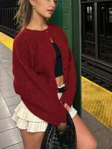 SEREN 秋季新款红色圆领单排扣长袖针织开衫上衣，时尚简约温柔优雅浪漫百搭休闲慵懒风，适合约会通勤毛衣开衫万圣节秋季女装 - 紅色 - 查看 7