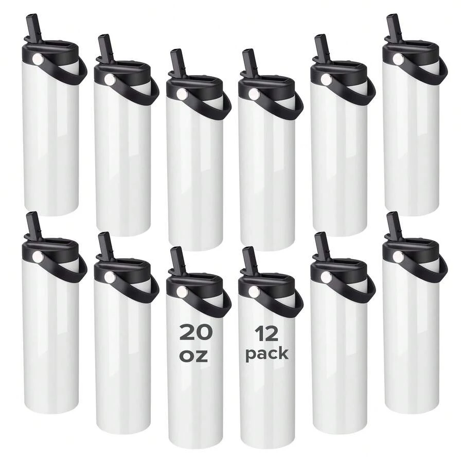 12/25 Pack Sublimation Tumbler Bulk 20oz Skinny Straight, Double Wall Stainless Steel Tumblers With Portable Handle, Individually Boxed, For Tumbler Heat Press Sublimation Oven Printing - trắng - Xem 1