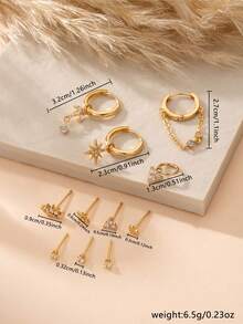 11 piezas Conjunto de aretes de cartílago multicapa con circonita cúbica brillante con colgante de estrella y corazón, joyería atractiva para fiestas para mujeres - Amarillo Oro - Ver 5
