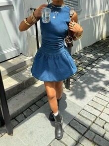 Siren Gaze 女式纯色褶皱圆领休闲无袖牛仔连衣裙 - 中等水洗藍 - 查看 5