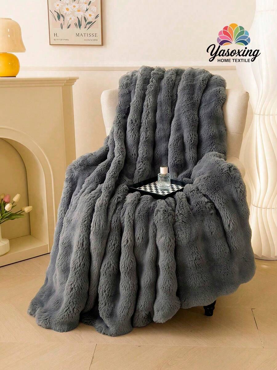 1 件深灰色温暖纯色舒适兔毛毛绒毯豪华蓬松长毛绒毯床上用品盖毯柔软舒适沙发毯适用于家庭、沙发、客厅 - 深灰色 - 查看 1