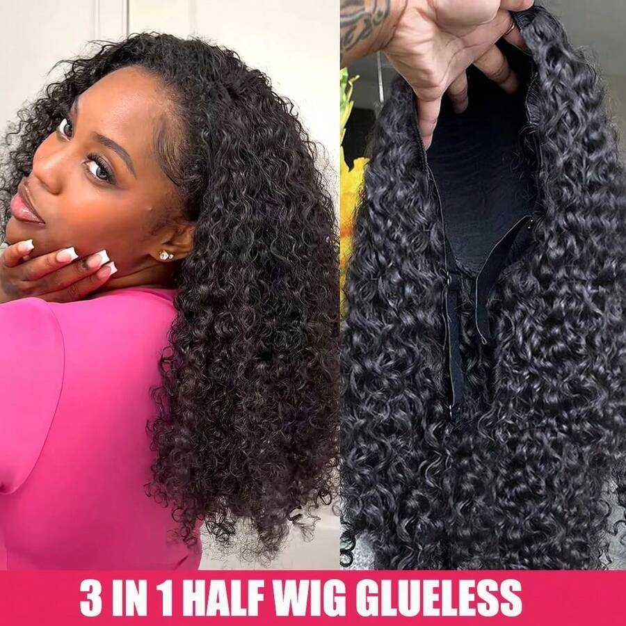 Uveous Kinky Curly Half Wig Human Hair 200 Density 3 In 1 Seamless Flip Over Half Wigs Human Hair Glueless Wear And Go Beginner Friendly Kinky Curly Wig Human Hair Drawstring Headband Wig For Women 20 Inch