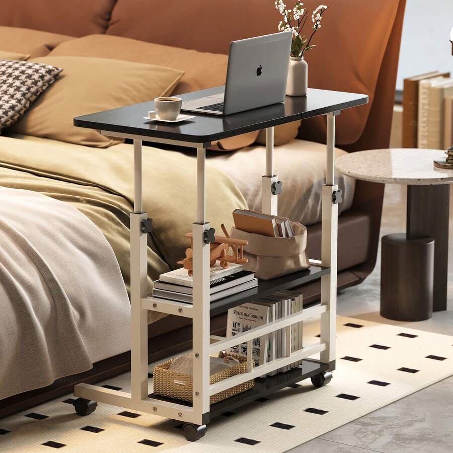 Escritorio portátil con mesa ajustable para laptop, tamaño 80x40cm, con ruedas giratorias diseño móvil ideal para computadoras portátiles y espacios reducidos. - Negro - Ver 1