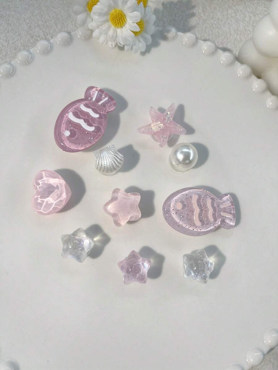 10pcs Cute Resin Pink Fish, Heart, Seashell, Starfish Ocean Elements Shoe Charms, Suitable For Garden Shoes, Sandals, Clogs, Great For Vacation, Gifts
