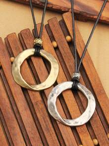 1pc Minimalist Oversized Golden Circle Asymmetrical Geometric Pendant Necklace With Multilayer Black Wax Cord Long Chain, Stylish Luxury Gift For Girlfriend Or Mother