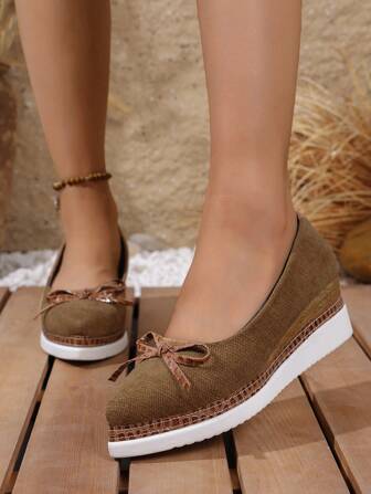 Women's Bow Pointed Toe Slip-On Casual Wedge & Platform Sandals, Bowknot Bohemian Fabric, Outdoor Summer & Autumn