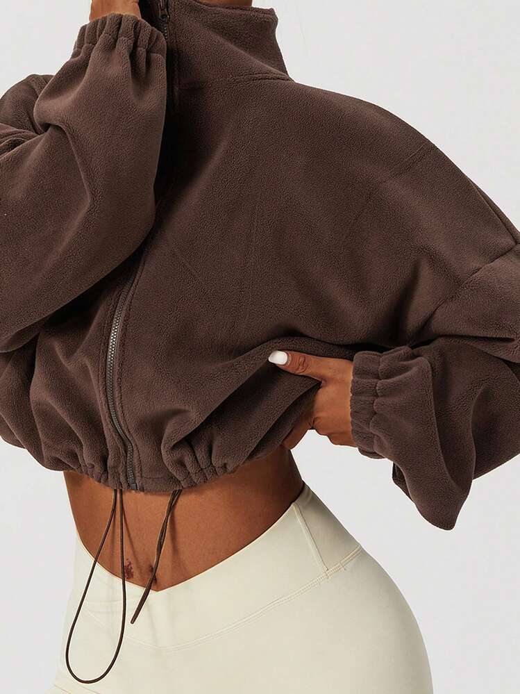Women's Fleece Jacket Fashion Long Sleeve Stand Collar Zip Up Jacket Fall Winter Outwear - 咖啡色 - 查看 1
