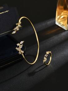 2 Peças Conjunto de Joias Inspirado na Natureza com Pulseira e Anel em Formato de Folha com Pedra de Zircônia em Liga de Cobre, Elegante para Mulheres