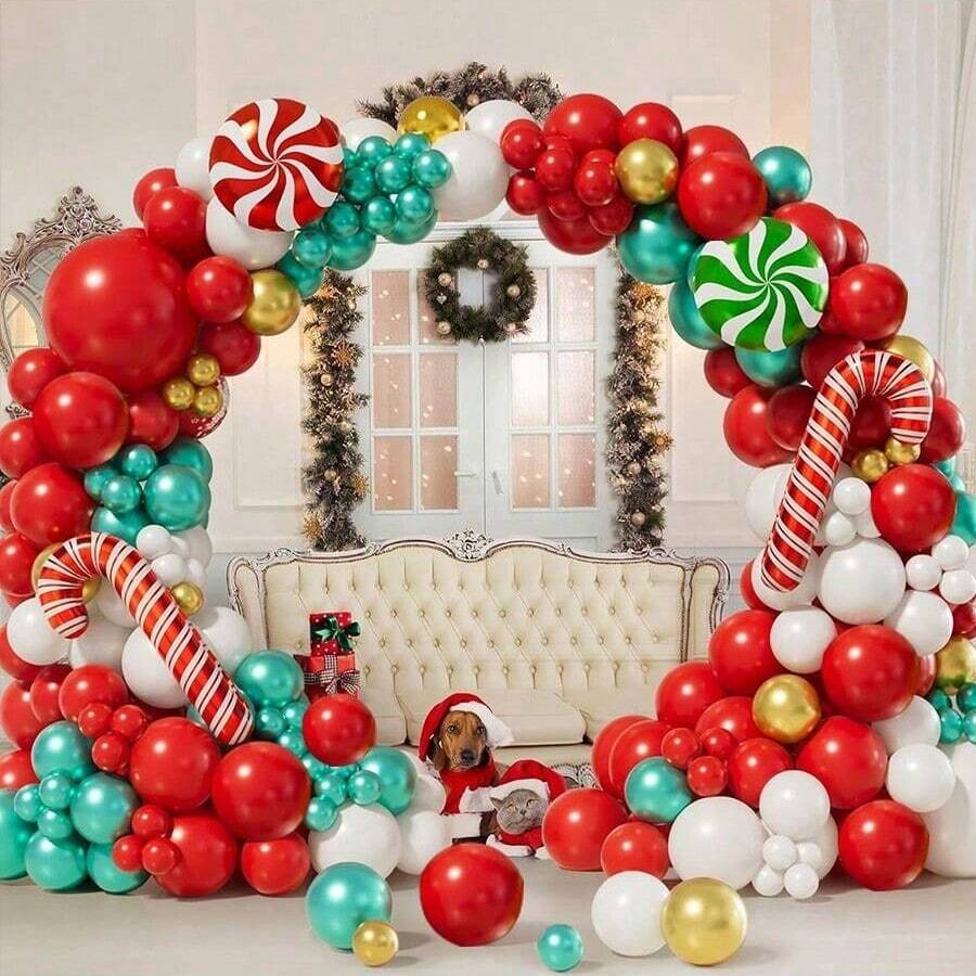 144 piezas Conjunto de globos navideños - Globos de caramelo rojos, blancos y dorados para decoración de fiestas