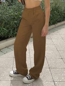 MYOURSA Women's Casual Brown Front Pleated Straight Leg Slim Fit Pants - Brown - View 3