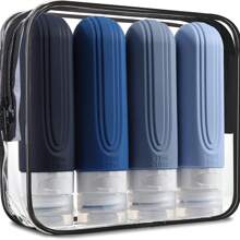 4 piezas Botellas de viaje para artículos de tocador, botellas de viaje a prueba de fugas, envases de silicona exprimibles, accesorios de viaje botellas recargables con bolsa de tocador, accesorios de viaje a prueba de fugas para líquidos y cosméticos como champú o loción. El color y algunos elementos se envían de forma aleatoria.