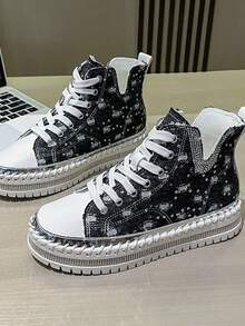 New Autumn/Winter Rhinestone Embellished High-Top Sneakers, Thick Sole Casual Shoes, Suitable For Street Style, Daily Commute, Office And Leisure Wear - màu đen - Xem 6