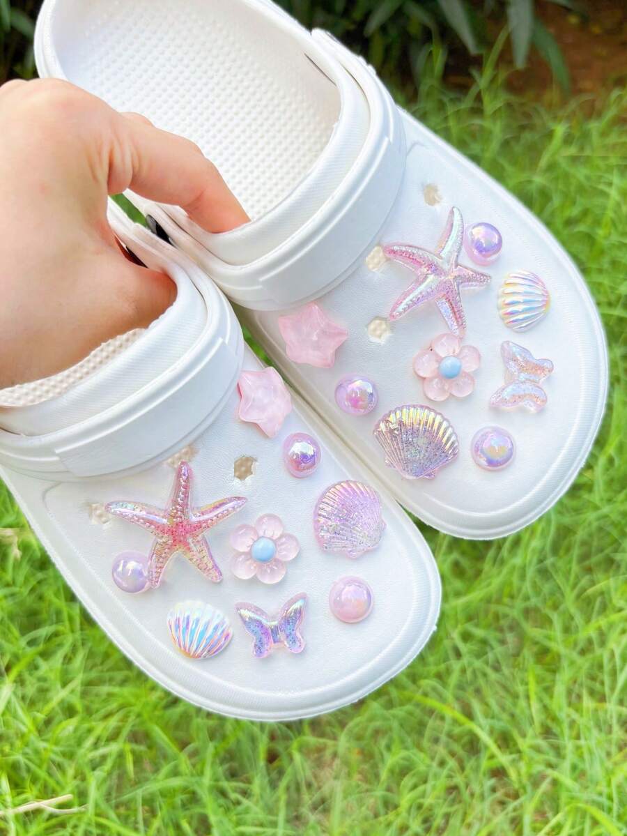 18 Stücke/Set rosa Seesterne, Muscheln & Blumen Schuhclips - Multifunktionales Zubehör für Damensandalen, Pantoffeln & Strandtaschen, ideales Geschenk für Feiertage, Geburtstage, Partys - Pink - Übersicht 1