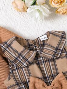 3 件套女婴套装：卡其色短开衫、米色格子无袖连衣裙、卡其色斜挎包，秋冬 - 棕色 - 查看 5