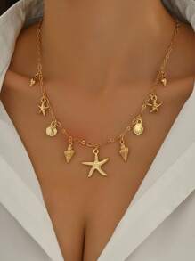 1pc Summer Beach Vacation Starfish, Mermaid, Seashell, Coconut Tree Pattern Necklace For Women - Gold - View 1