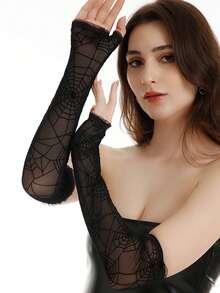 1 Pair Gothic Style Dark Spider Web Fingerless Gloves, Cosplay Performance Accessory, Demon Witch Role Play Prop, Street Dark Style Outfit
