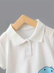 Young Boy Fashionable Dinosaur Print Crop Sleeve Polo Shirt+Solid Crop Pants 2pcs/Set Casual Outfits - White - View 6