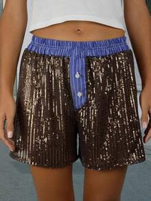 Women's Pajama Shorts Sparkly Sequined Striped Trim Low Rise Sleep Shorts For Summer - Brown - View 2