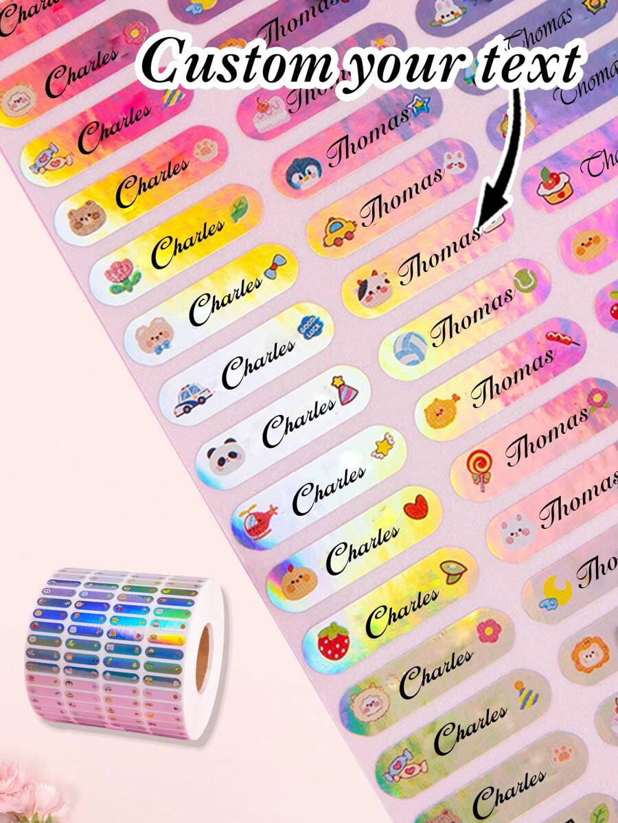 50/100/200 ملصق اسم مخصص عالي الجودة بتقنية الليزر: مقاوم للتمزق، ملصقات ملونة، بطاقات اسم هولوغرافية، متعددة الألوان، مناسبة للزجاجات والدفاتر، سهلة التطبيق والإزالة دون ترك بقايا، مثالية للاستخدام المنزلي والمكتبي، ملصقات ليزر مضادة للسرقة، لوازم مدرسية