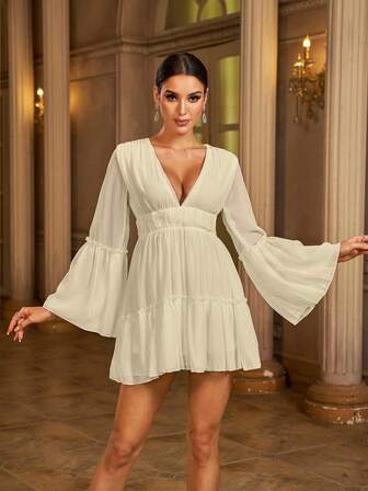  Missord低胸領褶邊荷葉邊下擺雪紡連衣裙