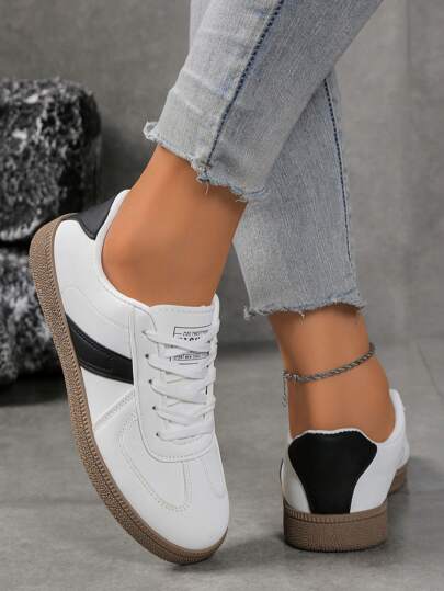 Tênis femininos novos, impermeáveis, antiderrapantes, bico redondo, cano baixo, casuais, confortáveis, versáteis, com contraste de cores, esportivos e casuais, estilo retrô, modernos para todas as estações, primavera/outono