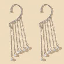 2 Pcs Stylish Imitation Pearl Decor Silver Tassel Chain Wrap Around Earrings Ear Cuffs No Piercing Daily Party Jewelry