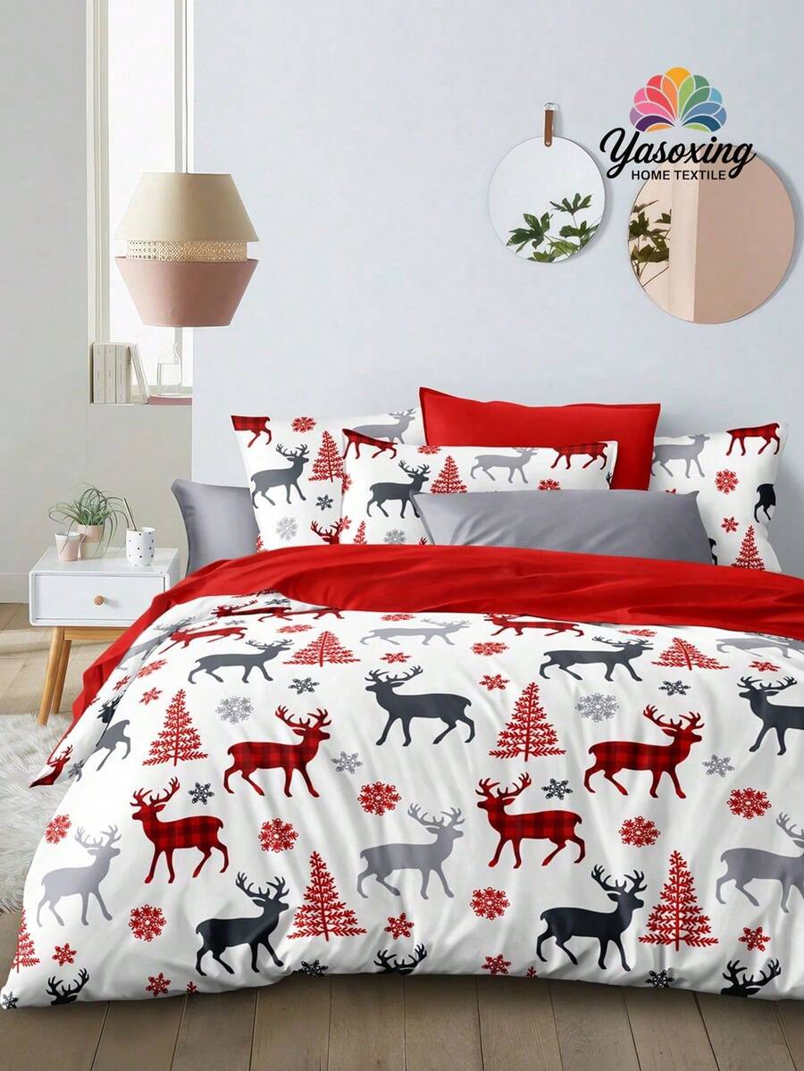 3 Peças Conjunto de Roupa de Cama com Estampa de Árvore de Natal, Rena e Floco de Neve, Macio, Respirável e Sem Rugas, Melhor para o Sono, Estilo de Hotel de Luxo, Presente para Mamãe, Papai e Amigos, Edredom, Capa de Edredom* 1, Fronhas *2, Tamanhos King, Queen, Full e Twin - Branco - Visão 1