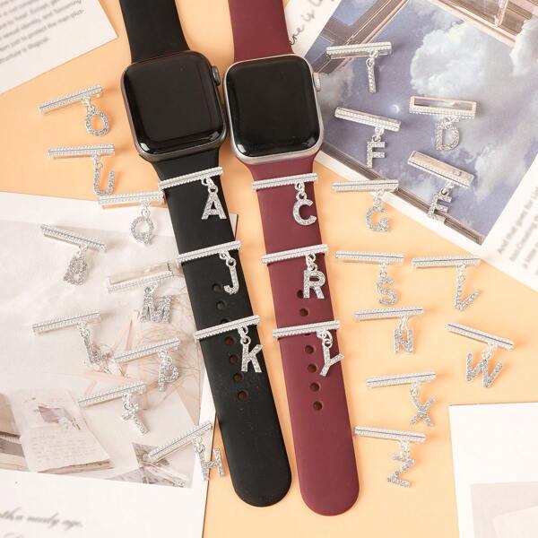 1 Pc Silver Diamond-Encrusted Letter Zinc Alloy Watch Strap Decorative Ring Charms Suitable For 38/40/41/42/44/45/49 Mm Suitable For Apple Watch Ultra/SE/8/7/6/5/4/3/2/1