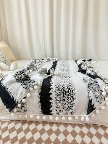 1 pieza Manta de tiro con patrón de rayas de dos colores, cálida, suave y cómoda, decorada con flecos, adecuada para la decoración del hogar, la cama, el sofá, la oficina, la habitación, el dormitorio, lavable a máquina, adecuada para primavera, otoño y verano - Negro - Ver 6