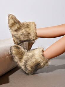 Women's Faux Fur Boot Furry Fluffy Round Toe Suede Winter Comfy Plush Warm Short Outdoor Indoor Flat Shoes Mid-Calf Boots Suitable For Party Festivals Brown Boots - 棕色 - 查看 5