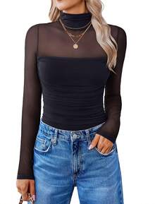 Ladies' Black Silver Thread Sheer Round Neck Top, Mesh Fishnet Shirt, Fashion Forward Women's Fall/Winter Sexy Net Mesh Underwear Shirt  Black Crop Top Long Sleeve - 黑色 - 查看 3