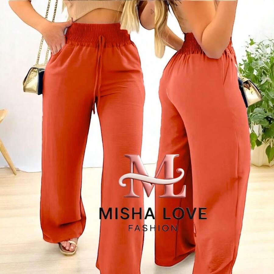 Women's High Waist Wide Leg Pants With Pocket - 紅陶 - 查看 1