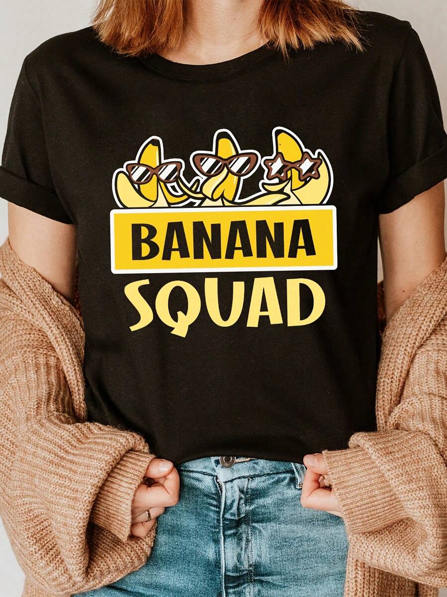 Banana Squad Women's White Cotton T-Shirt - Funny Banana And Star Pattern Print, Short Sleeve Round Neck Casual Top, Breathable Summer Spring T-Shirt, Machine Washable, Daily Wear - màu đen - Xem 1
