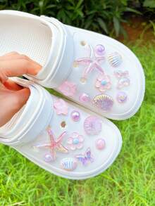 18 Stücke/Set rosa Seesterne, Muscheln & Blumen Schuhclips - Multifunktionales Zubehör für Damensandalen, Pantoffeln & Strandtaschen, ideales Geschenk für Feiertage, Geburtstage, Partys - Pink - Übersicht 3