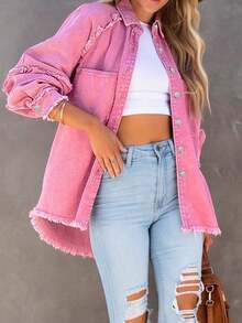 Plus Size Women Patchwork Fringe Denim Jacket Casual Pink Spring - Pink - View 1