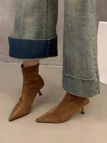 2025新款秋冬棕色绒面革尖头修身踝靴，带毛内衬，女鞋，女靴，猫跟 - 棕色 - 查看 4