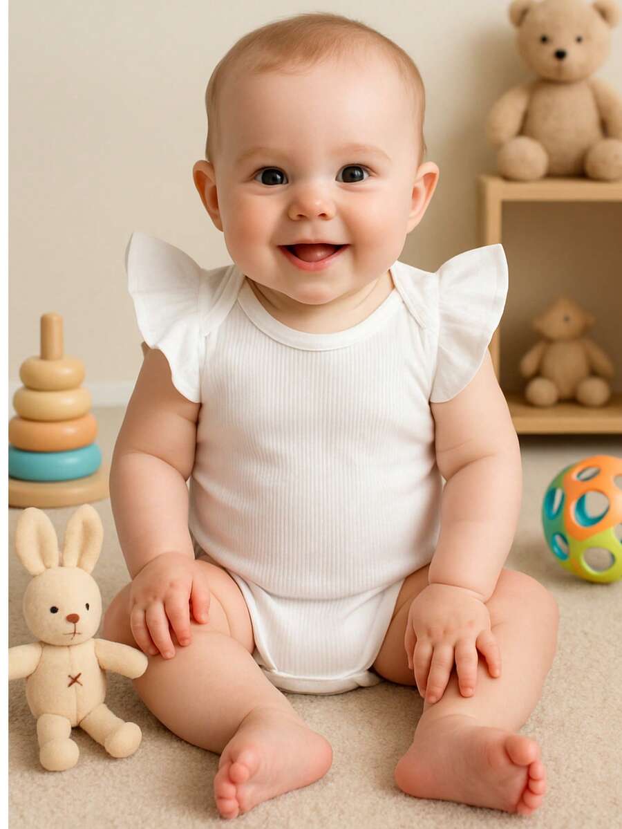 Body Bebê branco manga babado canelado roupa infantil menina algodão confortável